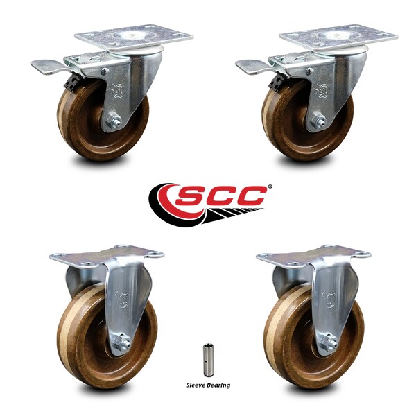4 Inch High Temp Phenolic Swivel Top Plate Caster Lock Brakes 2 Rigid SCC, 2PK